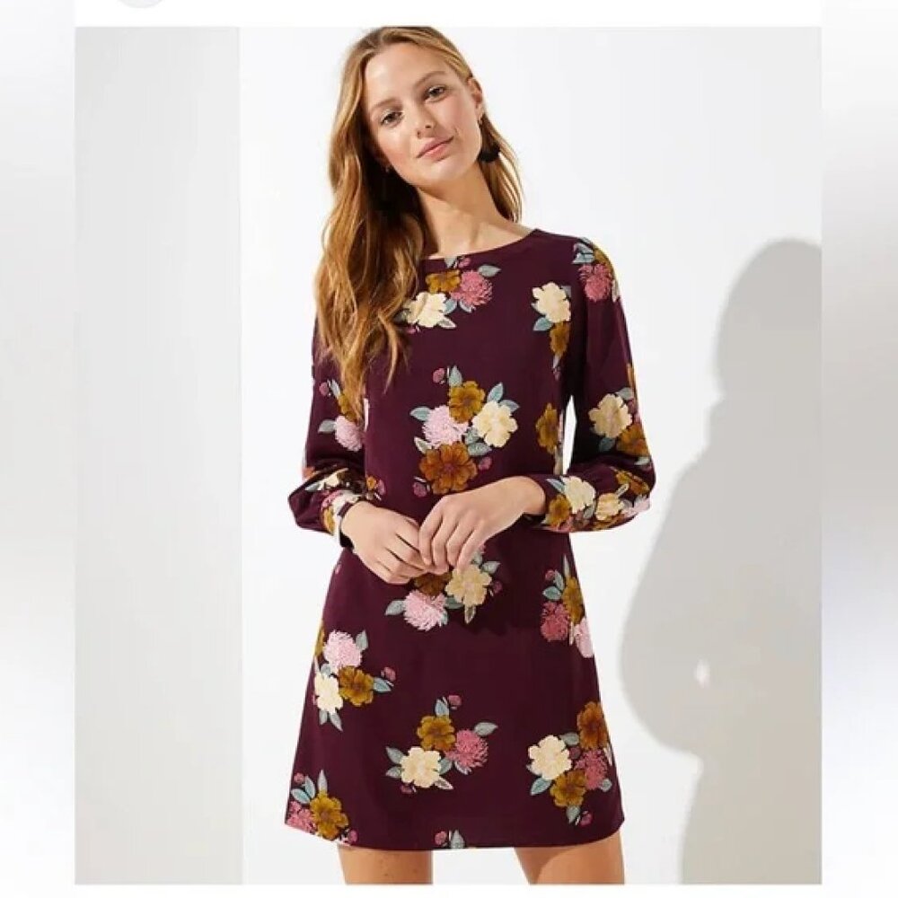 Loft Burgundy Floral Long Sleeve Dress Size 12